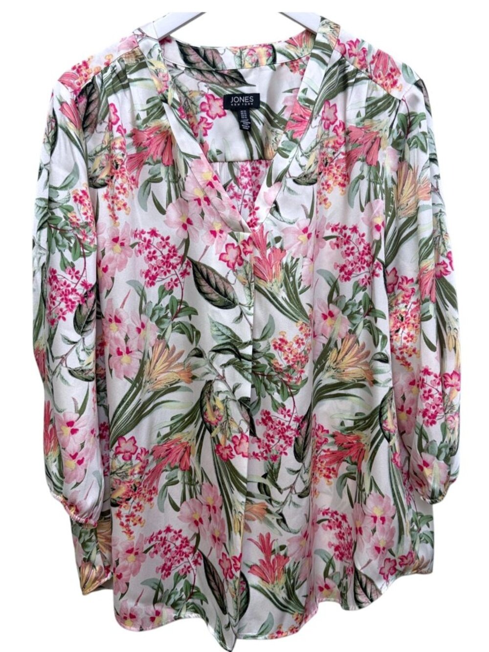 JONES NEW YORK Blouse Size XL Pink Floral Tunic V Neck 3/4 Sleeve Pullover Top